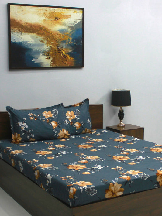 Bedsheet Mimosa 164 GSM Microfiber Grey Floral Double with 2 Pillow Covers