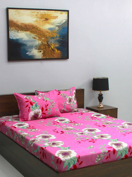 Vista 110 GSM Microfiber Pink Floral Queen Bedsheet with 2 Pillow Covers