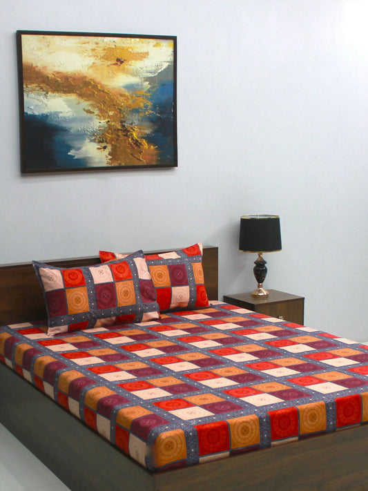 Vista 110 GSM Microfiber Orange Geometric Queen Bedsheet with 2 Pillow Covers