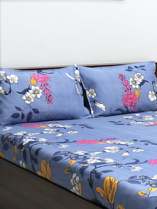 Bedsheet Vista 110 GSM Microfiber Blue Floral Double with 2 Pillow Covers