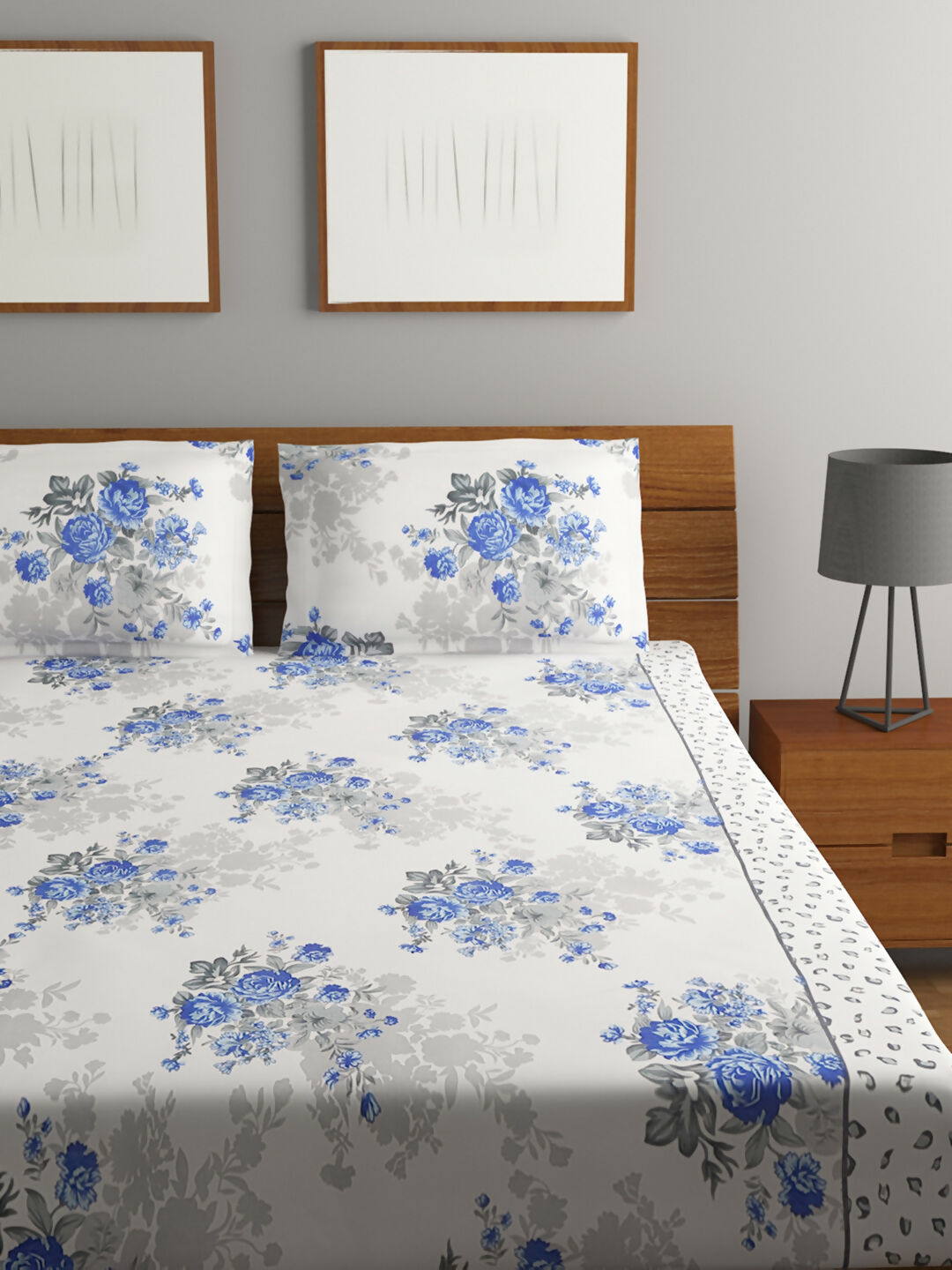 Vista 110 GSM Microfiber Blue Floral Queen Bedsheet with 2 Pillow Covers