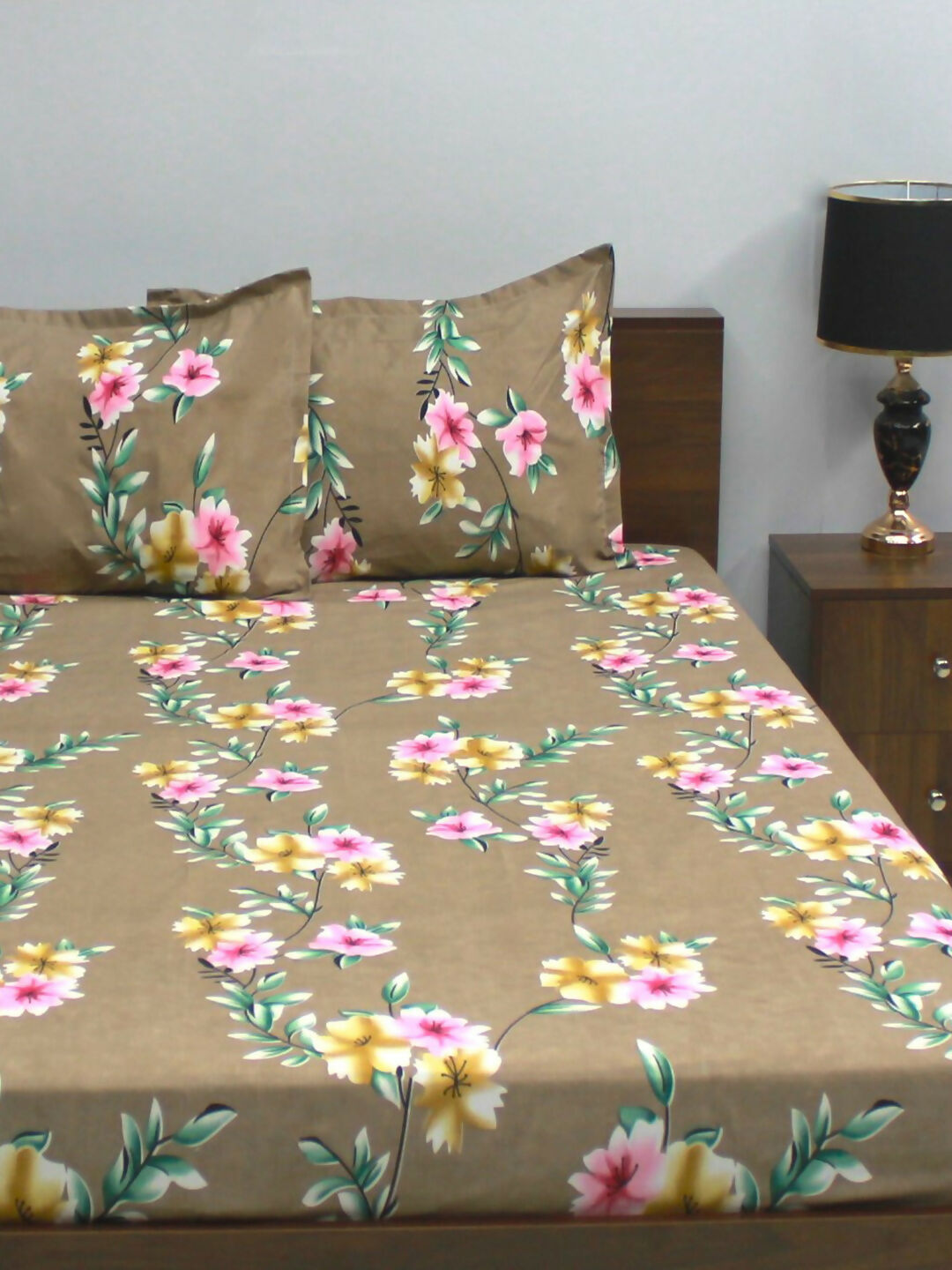 Bedsheet Mimosa 164 GSM Microfiber Brown Floral Double with 2 Pillow Covers