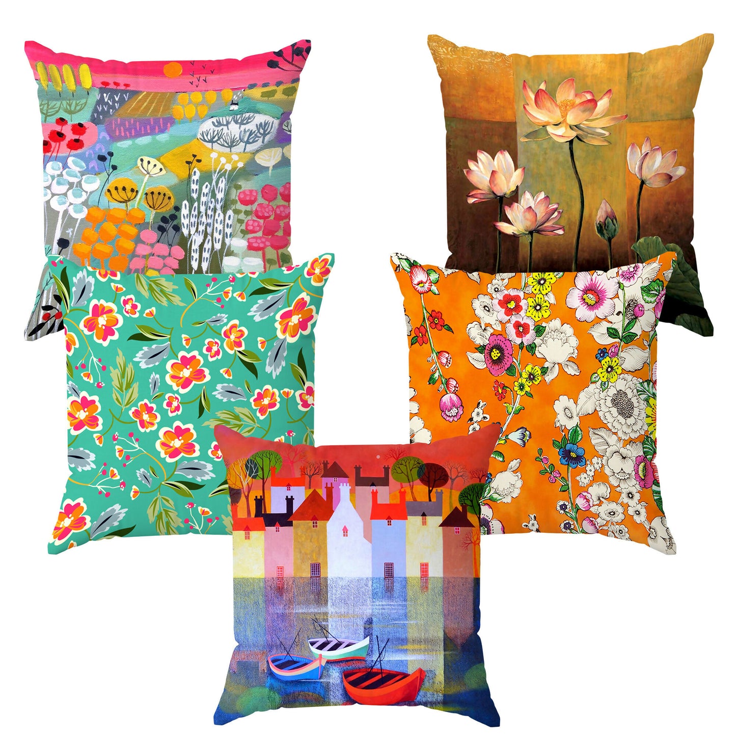 All Season Multicolor Poly Cotton Cushion Covers (Set of 5)