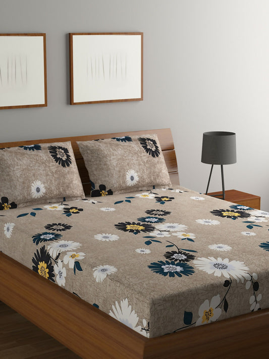 Vista 110 GSM Microfiber Grey Floral Queen Bedsheet with 2 Pillow Covers