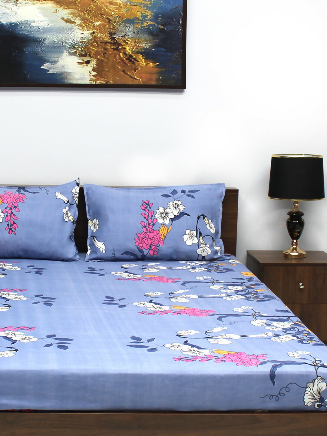 Bedsheet Vista 110 GSM Microfiber Blue Floral Double with 2 Pillow Covers